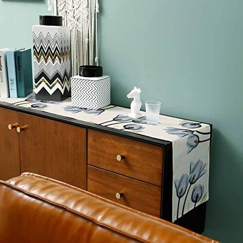 Blue Floral Table Runner 36 Inches Long,Kitchen Dinner Retro Tulip Flower Cotton Linen Dining Table Runners Dresser Scarf,Farmhouse Burlap Holiday Tablerunner For Coffee/Dining/Party/Wedding Table #TOP5