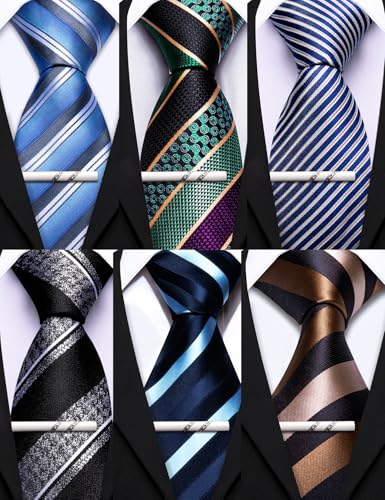 Image of Barry.Wang Mens 6 PCS Ties Silk Striped Paisley Check Floral Necktie Silky Woven Wedding Business Party Ties 3.34 inch