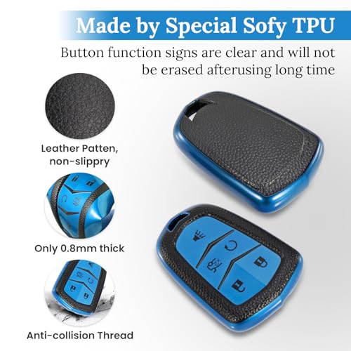 Image of Key Fob Cover for Cadillac, Leather-Style Keychain Tab, Blue