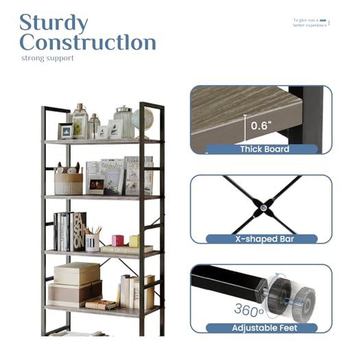 Image of DUMOS 5 Tiers Bookshelf, Classical Book Shelf, Tall Display Shelves in Living Room /Home /Office, Storage Organizer for CDs /Books /Movies, Wood Grey