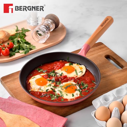 Image of BERGNER Excalibur Lightweight Cast Iron Frypan 18cm, Sturdy Wooden Handle, Non-Stick Coating, PFAS Free, Perfect Heat Distribution, Elegant Design - Induction and Gas Stove Ready (Pink)