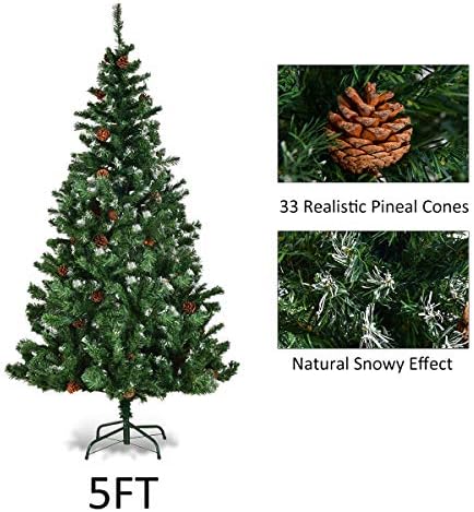 GYMAX 5FT Artificial Christmas Tree, Snow Covered Green Xmas Trees with Pine Cone, Premium Christmas Decoration and Gift (5 FT)