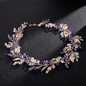 Teyglen Bride Wedding Hair Vine Headband Bridal Blue Crystal Gold Leaf Hair Pieces Handmade Blue Red Green Rhinestone Headpiece Hair Accessories for Women Girls (Blue)