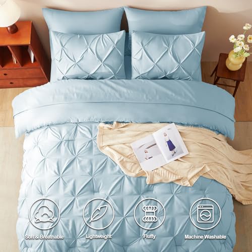 CozyLux Twin XL Comforter Set Light Blue, 5 Pieces Twin Extra Long Pintuck Bed in A Bag for College Dorm, Pinch Pleat Bedding Set with Comforter, Sheets, Pillowcase & Sham