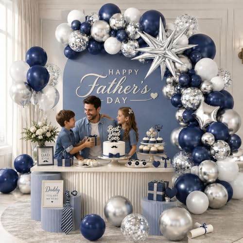 Image of Blue Silver Balloon Garland Arch Kit, Navy Blue White Balloon Arch Kit, Metallic Silver Confetti Balloons Star Foil Balloons for Graduation Father's Day Dad Birthday Wedding Baby Shower Party Decor