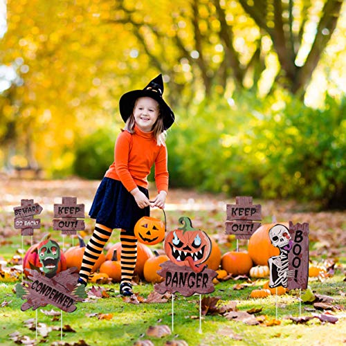 STOBOK 7 peças de placas de jardim de Halloween com 14 peças de estacas Mensagens de aviso Decoraçõe