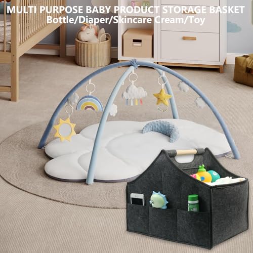 Image of Baby Diaper Caddy Organizer,car felt caddy, baby product storage basket, solid wood handle, detachable partition storage basket for daycare,Best Gift Basket for Babies (black)