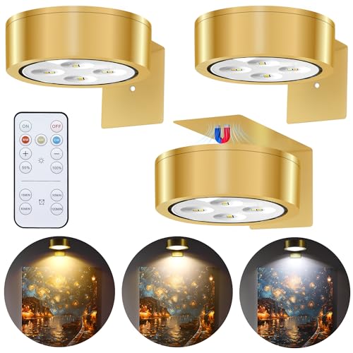 3 Pezzi Luce per Quadri, Luci LED a Batteria con Telecomando, 3 Modalità di Illuminazione Dimmerabili e Timer, Magnetiche Lampada per Quadri, per Soggiorno, Camera da Letto, Studio - Oro