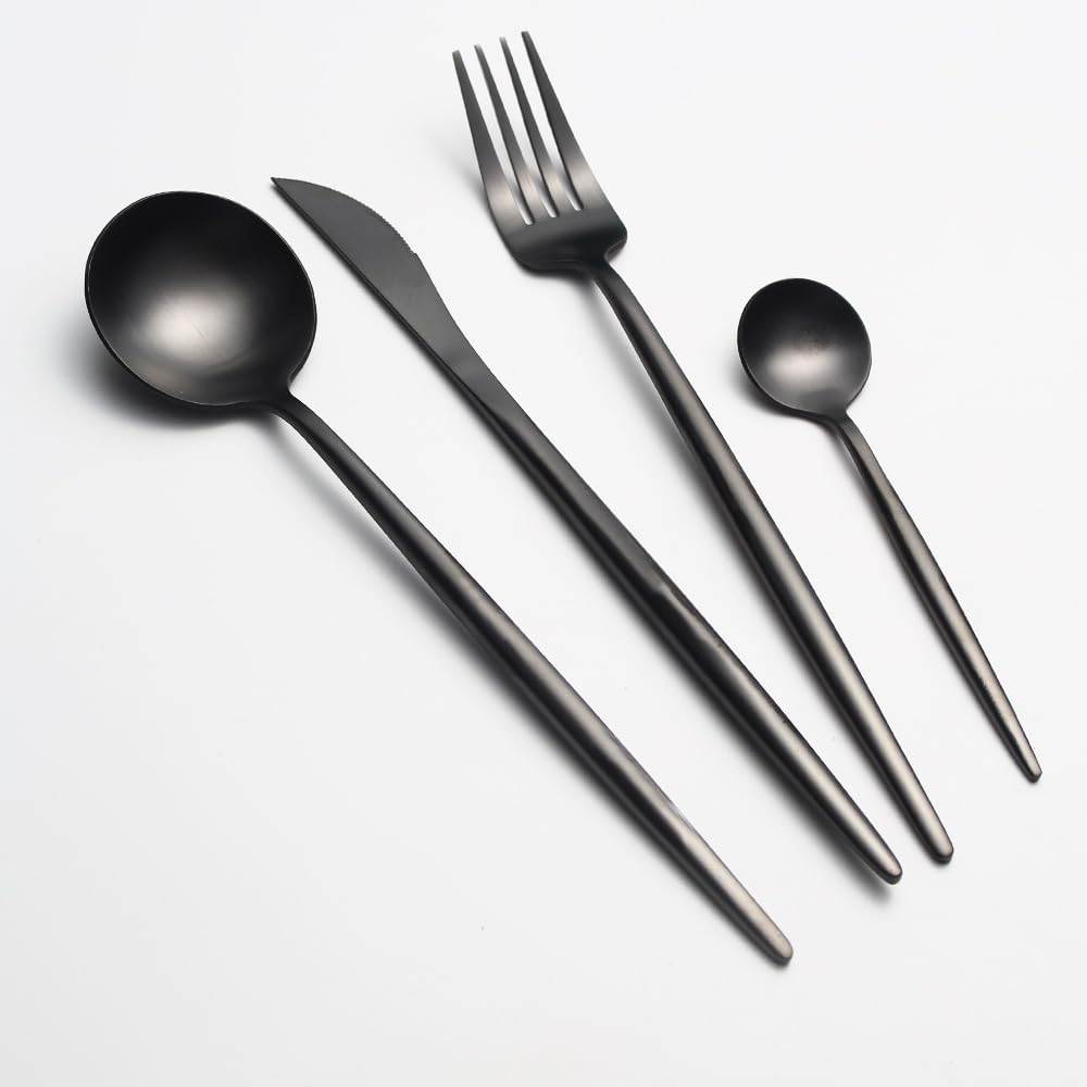 OLSKFUH Cutlery Flatware Cutlery Set, 4/16/24/32 Pieces Thickened Round Handle Knives, Spoons And Forks, Portuguese 304 Stainless Steel Tableware, Home Hotel Steak Knives And For,Black-8Set-32Pcs