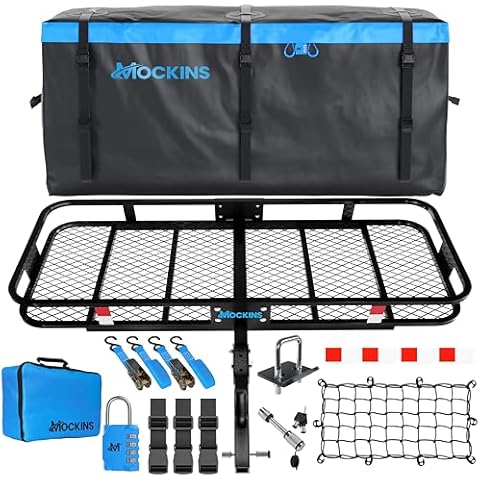 Mockins 60"x24"x6" Folding Trailer Hitch Cargo Carrier w/ 25 CuFt. Soft Vinyl Waterproof Cargo Bag | 500 Lbs. Capacity Car Carrier Cargo Rack & Car Bag Set | Waterproof Truck Bed Storage Accessories Cover
