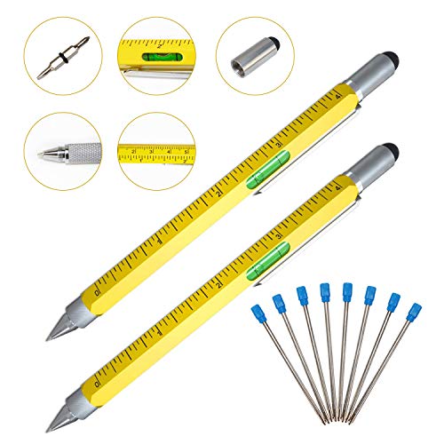 2 Pack 6-in-1 Multi Tool Tech Pen Gadgets Tools,with Screwdriver,Ballpoint,Stylus,Level Tool,Ruler and Refills,Personalized Gifts for Dad or Him on Valentines,Father's Day or Birthdays