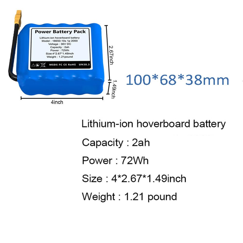 Batterie pour Hoverboard 36 V (Compatible 42 V) – Batterie de Remplacement Rechargeable au Lithium 36 V 2 Ah (36 V 2000 mAh 10S1P) pour Planches Auto-équilibrées