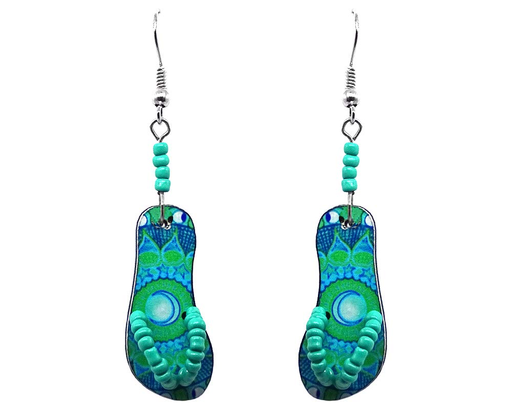 Flip Flop Sandal Dangle Tropical Pattern Graphic Earrings - Womens Fashion Handmade Jewelry Beach Accessories