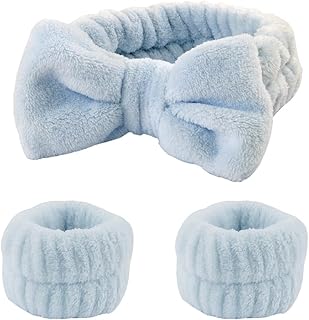 Bow Hairband and Wristband Set Washing Face Headband and Wristbands for Skin Care Head Band and Wrist Band Set for Skincar...