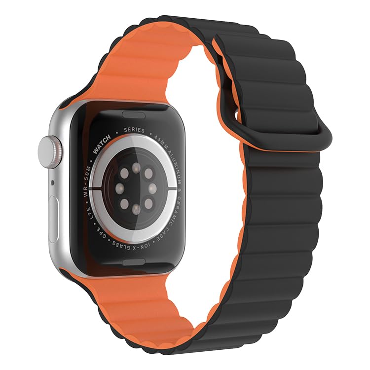 Image of Silicone Magnetic Band Compatible with Apple Watch 38mm 40mm 41mm 42mm 44mm 45mm 49mm, for Series Ultra 9 8 7 SE 6 5 4 3 2 1 Women Men |Watch Not Included (Black /Orange, 42mm /44mm /45mm /49mm)
