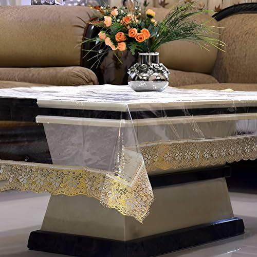 Image of Table Cloth, Center Table Cover, PVC Rectangular Table Cover, 15 mm Thick for Home, Hotel, Office & Restaurant, Gold Lace (40x60 Inch)