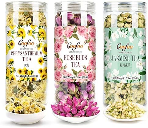 Goofoo Dried Herbal Tea Set of 3, Dried Gongju Chrysanthemum Buds + Jasmine Flowers Tea + Dried Rose Buds, Total 5oz, Best Gift