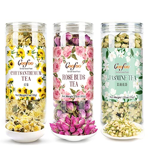 Goofoo Dried Herbal Tea Set Of 3, Dried Gongju Chrysanthemum Buds + Jasmine Flowers Tea + Dried Rose Buds, Total 5Oz, Best Gift #TOP2