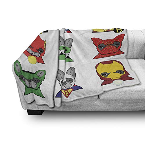 Ambesonne Superhero Throw Blanket, Bulldog Superheroes Fun Cartoon Puppies In Disguise Costume Dogs Print, Flannel Fleece Accent Piece Soft Couch Cover For Adults, 50" X 70", White Green #TOP2