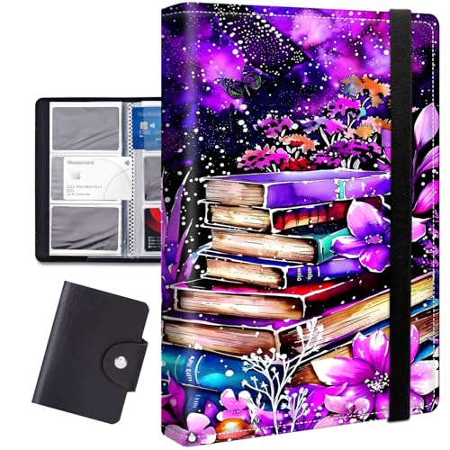 FXIANGWL Business Card Holder Book with Elastic Band, Holds 240 Cards, Large Capacity PU Leather Card Organizer with Black Card Bag, Heavy Duty Business Card Binder for Office, Purple Blue Galaxy