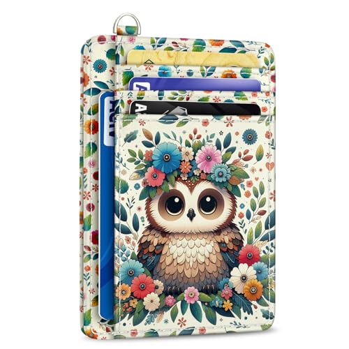 Image of Yonlevres Floral Owl Credit Card Holder Slim RFID Wallet Women Small Travel | Front Pocket, Handy, RFID Blocking, Woman Girls Ladies Gifts, D-ring for Keychain,Thin Mini Card Case, ID Window, PU Leather