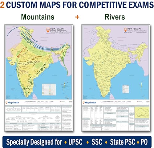 Image of Indian Mountains & Rivers - Custom Wall Maps for UPSC /PSC /SSC exams | India Maps by Mapsmith (23 inchX36 inch Glossy Paper)