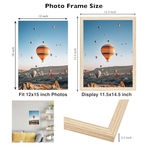 Image of JCJMY 12x15 Picture Frame Natural for Wall Hanging, Wall Mounting Horizontally or Vertically, 12 x 15 Wall Gallery Poster Photo Frame with Shatter Resistant Plexiglass, Natural