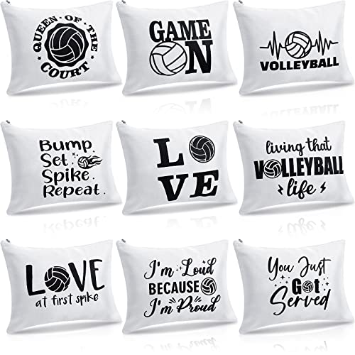 9 Pieces Volleyball Makeup Bags Canvas Cosmetic Bags with Words Volleyball Makeup Case Portable Travel Storage Case Pouch Toiletry Bag with Zipper for Women Players Teams(White Base)