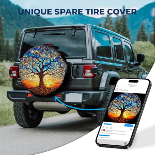 Image of GENANY Tree of Life Mosaic Spare Tire Cover for RV Trailer, Waterproof, No Camera Hole, Size 14 Fits 24-26 Inch