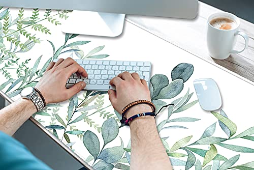 Extended Gaming Mouse Pad (35.4X15.7 Inch 3Mm Thick), Idonzon Soft Cute Extra Large Xxl Waterproof Thicken Desk Mouse Keyboard Mat With Non-Slip Rubber Base & Stitched Edges, Green Plants #TOP6