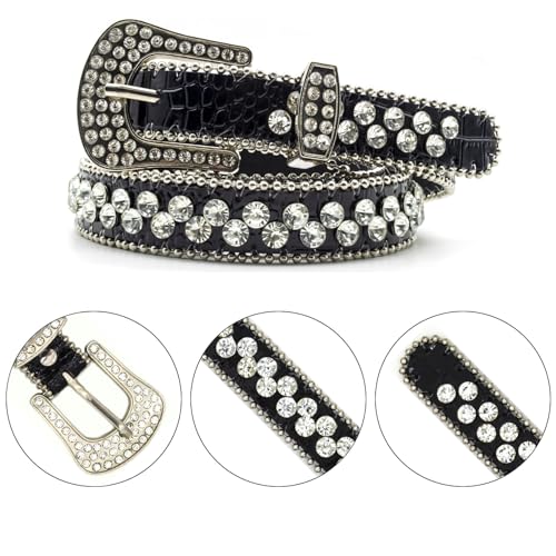 Women's Rhinestone Genuine Leather Belts Shiny Fashion Belt for Jeans & Dress Crocodile Grain3
