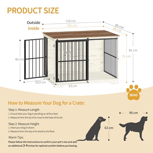 Hzuaneri Hundekäfig Möbel, 110 cm Hundebox, 2 Türen, Moderne Hundekäfig Indoor für Kleine/Mittlere/Große Hunde, Beistelltisch, Verstärkte Schiebetür, 110 × 65 × 81 cm, Weiß Braun DFC84414B
