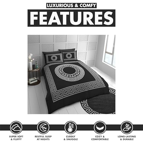 Lions Microfibre Bedding - Reversible Greek Double Bed Duvet Cover Sets with Matching Pillowcase, 100% Polyester Hypoallergenic Quilt Covers, Soft Geometric Pattern, Black - 200x200cm - Image 3