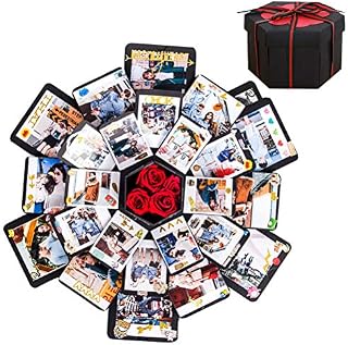 kuou Black Explosion Box with 6 Faces, Surprise DIY Explosion Gift Box Photo Hexagon Box Picture Fold Out Box for Wedding Birthday Valentine Anniversary Father's Day Gifts for Dad Woman Boy Girls Mum