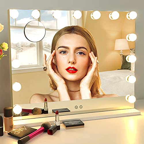 Vanity Mirror with Lights,Tabletop Mirror with Dimmable LED Lights，3 Color Model, 10X Magnification, Touch Control for Dressing Room & Bedroom (White, 22.83 x 18.5)