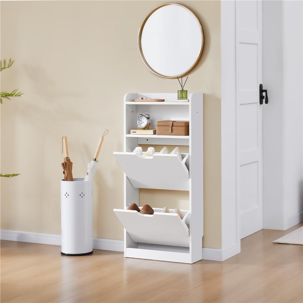 Yaheetech Zapatero Estrecho Mueble Entrada Recibidor con 2 Puertas y Compartimento Abierto Zapatero Moderno Autoportante Armario de Madera Pasillo 50x17x108 cm Blanco — view 9