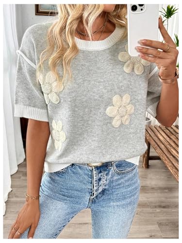 Floerns Women's Short Sleeve Crew Neck Flower Loose Knitted Sweaters Pullover Tops3