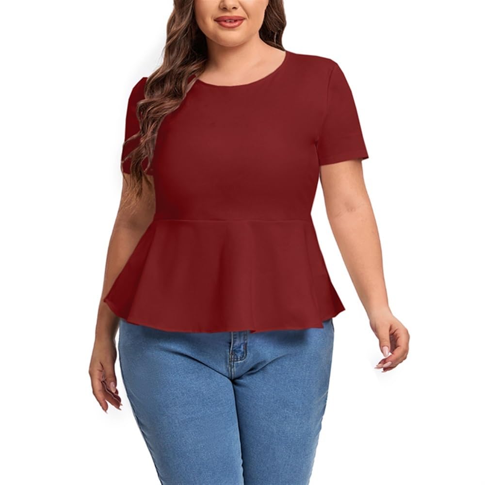 Grande Taille Été Col Rond Manches Courtes Haut Pour Les Femmes Solide Ourlet À Volants Chemise Fluide Cool Confort Blouse Décontractée