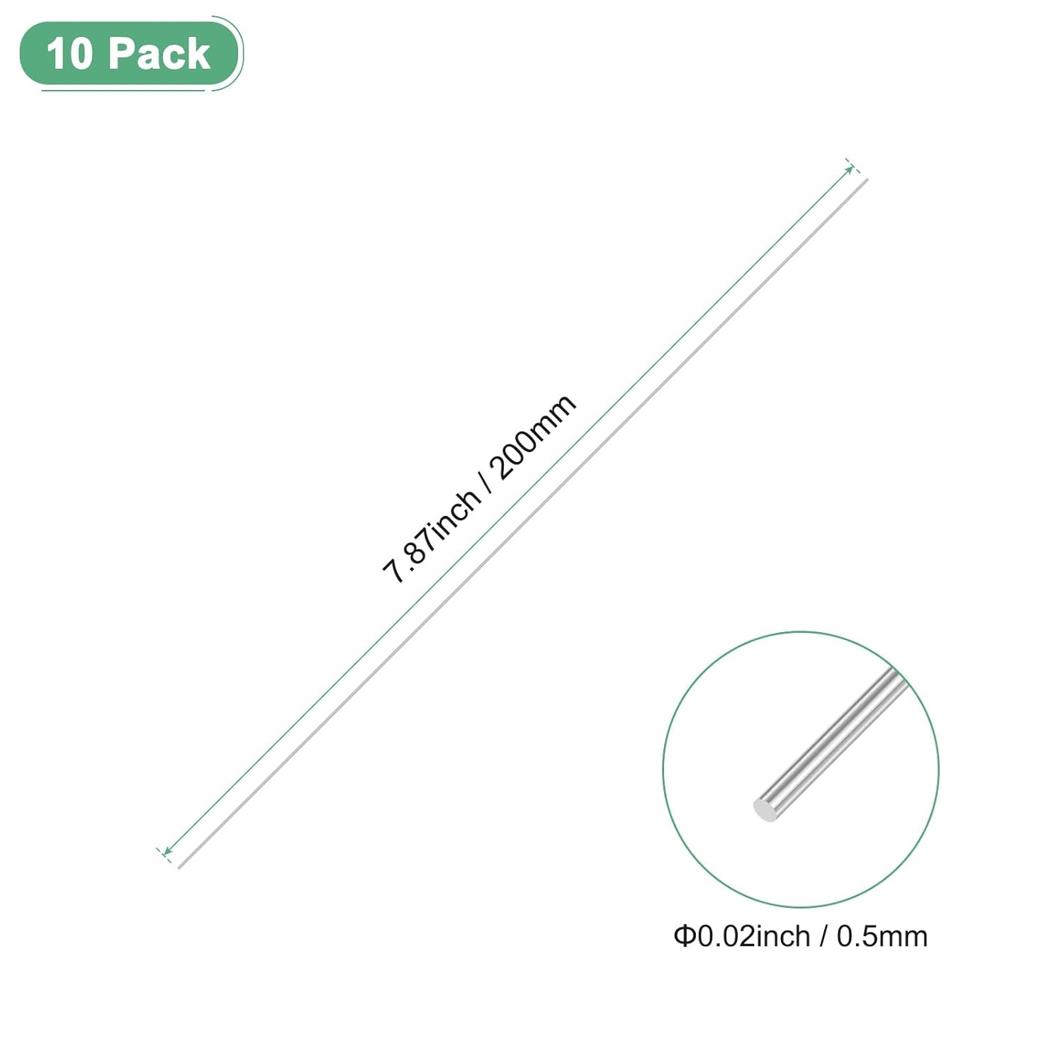 10-Pack 304 Stainless Steel Solid Round Rod, 0.5x200mm Metal Solid Shaft Rods for DIY Craft/Model Car/Helicopter Airplane/Metal Working, Lathe Bar Smooth Stock [0.02x7.87IN]