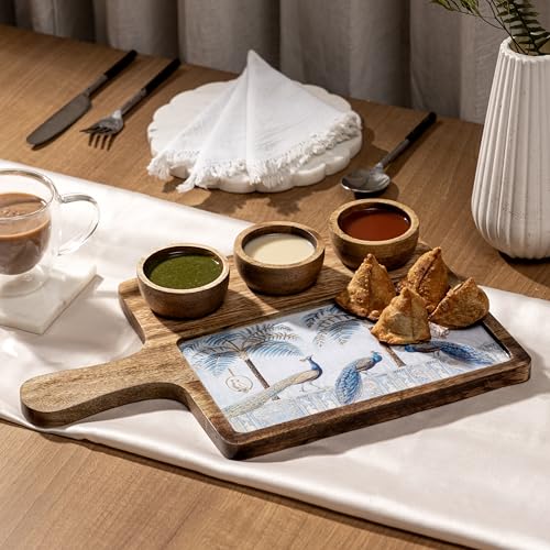 Image of Handcrafted Mango Wood Serving Platter with 3 Dip Bowls | Traditional Print | Waterproof, Heat-Resistant, Food-Safe Lacquer Finish | 15.5 x 10 Inch | Made in India (MgPlwith3Bowl-BlueGoldPeacock)