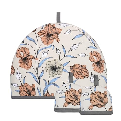 Tea Cosy and Egg Cosy Set of 3 – 100% Cotton Teapot Insulated Cover, Floral Beige with Brown & Blue Flowers, Tea Cosy with 2 Egg Cosies, Reusable Tea Warmer Gift