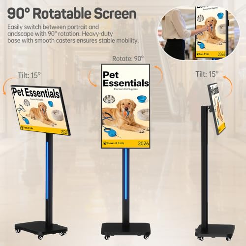 Image of 32 Inch Digital Signage Display on Wheels, Portable LCD Touch Digital Kiosk with Adjustable Rolling Stand, Phone App Control Android 14 Advertising Display Poster, Auto Media Player, HDMI /USB