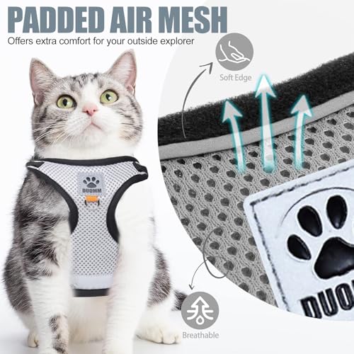 Kattentuigje, kattenharnas met riem, anti-ontsnapping, verstelbaar, met reflecterende strepen en ademend (grijs, M) - Afbeelding 4