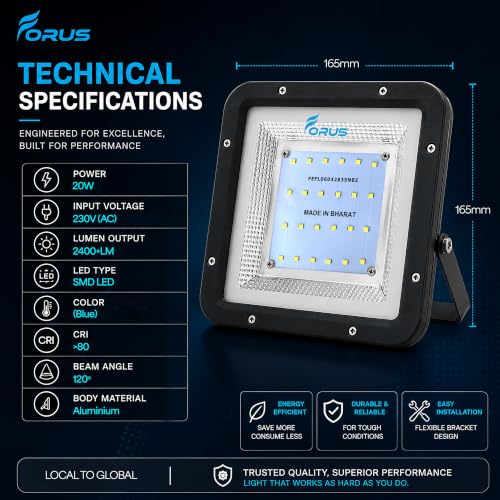 Image of Forus 20W LED Flood Light, Blue Light, 4-Year Warranty, IP67 Waterproof Outdoor Lighting, High Mast Halogen Focus Light for Factory, Garage, Parking, Garden, Shop, Warehouse, Tent, Warehouse, 1PC