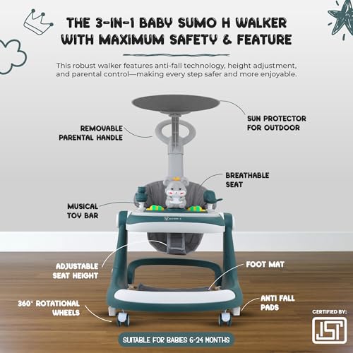 Image of Bunnie Baby Activity Sumo Walker, Adjustable Infant Walking, Removable Toy Tray, Safety Lock Wheels, and Parental Handle, Perfect for Toddlers Learning to Walk Indoors, 6-Wheel Design - Dark Green