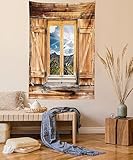 Ambesonne Mountain Tapestry, Mountain and Sky View Wooden Shuttered Window Room on Top of The Hills Nature Look, Wall Hanging for Bedroom Living Room Dorm, 60' X 80', Rustic Brown