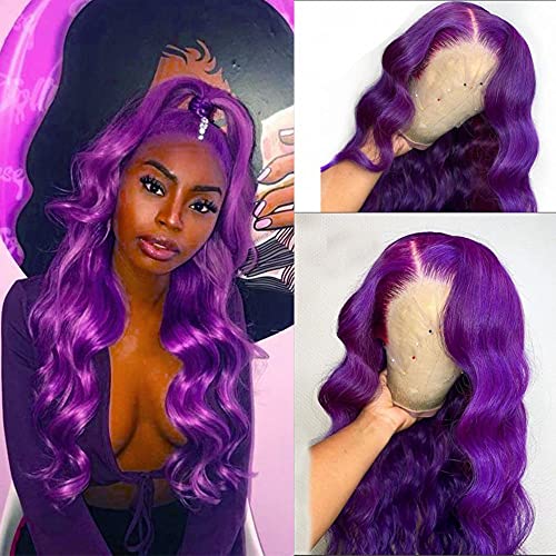 Purple Lace Front Wig Long Wavy Wig Purple Wig Long Body Wave Wig For Women 13x3 Lace Front Synthetic Water Wave Wig Colored Wigs Natural Middle Part Daily Party Halloween Cosplay Use