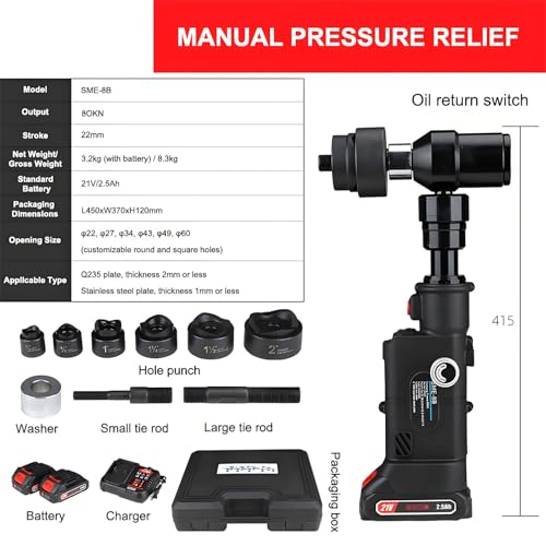 Kit de punzonadora hidráulica con 6 matrices (22-60 mm), batería de 21 V y herramienta de punzonado de metales de 80 KN para láminas de acero inoxidable. Funcionamiento automático, portátil ( Manual)