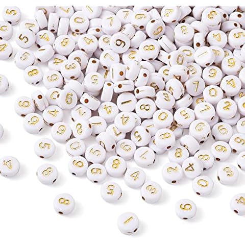 Cheriswelry 340pcs White Gold Acrylic Number 0-9 Beads 7mm Flat Round Disc Coin Number Charm Spacer for Anniversaries Message Bracelet Necklace Jewellery Making Cover