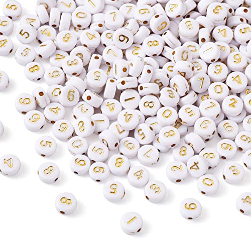 Cheriswelry 340pcs White Gold Acrylic Number 0-9 Beads 7mm Flat Round Disc Coin Number Spacer Beads for Anniversaries Message Bracelet Necklace Jewellery Making